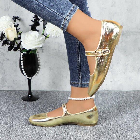 Gold Cushioned Insole Classic Mary Jane Ballet Flat Adjustable Ankle Strap - Picture 3 of 11